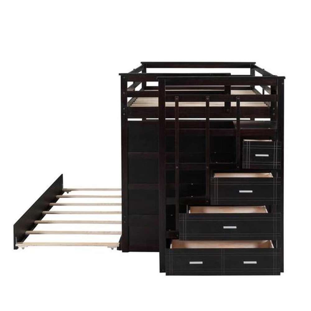 Espresso Full Over Full Bunk Bed with Twin Size Trundle and Staircase