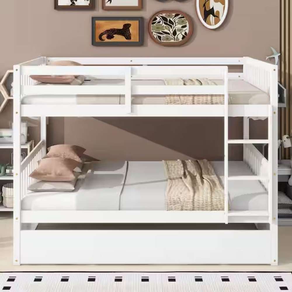 White Wood Full Over Full Bunk Bed with Trundle And Ladder